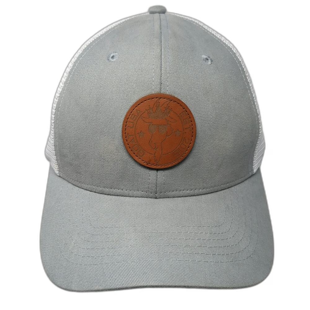 GOAT USA Trucker Hat Gray One Size Leather Patch Mesh Back Snapback Goat Logo